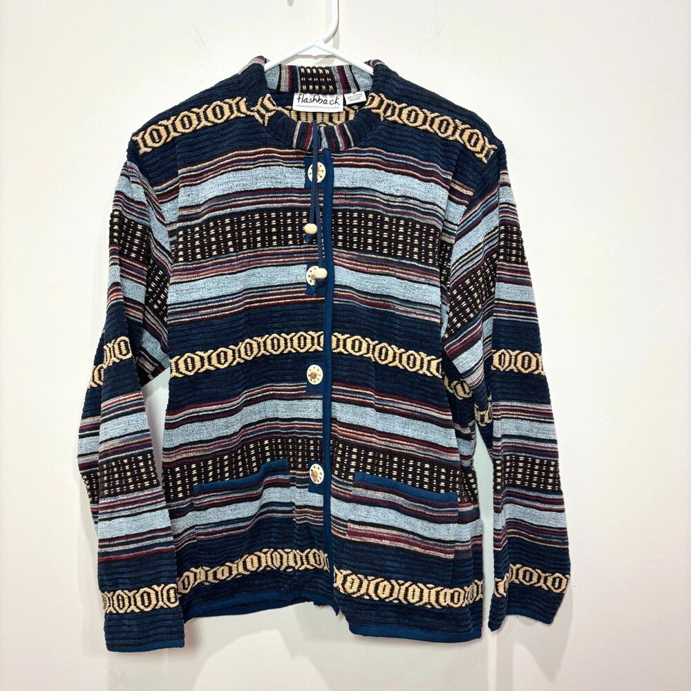 VTG Flashback Blue Aztec Blazer Jacket Western Cotton  Striped Tapestry Women M